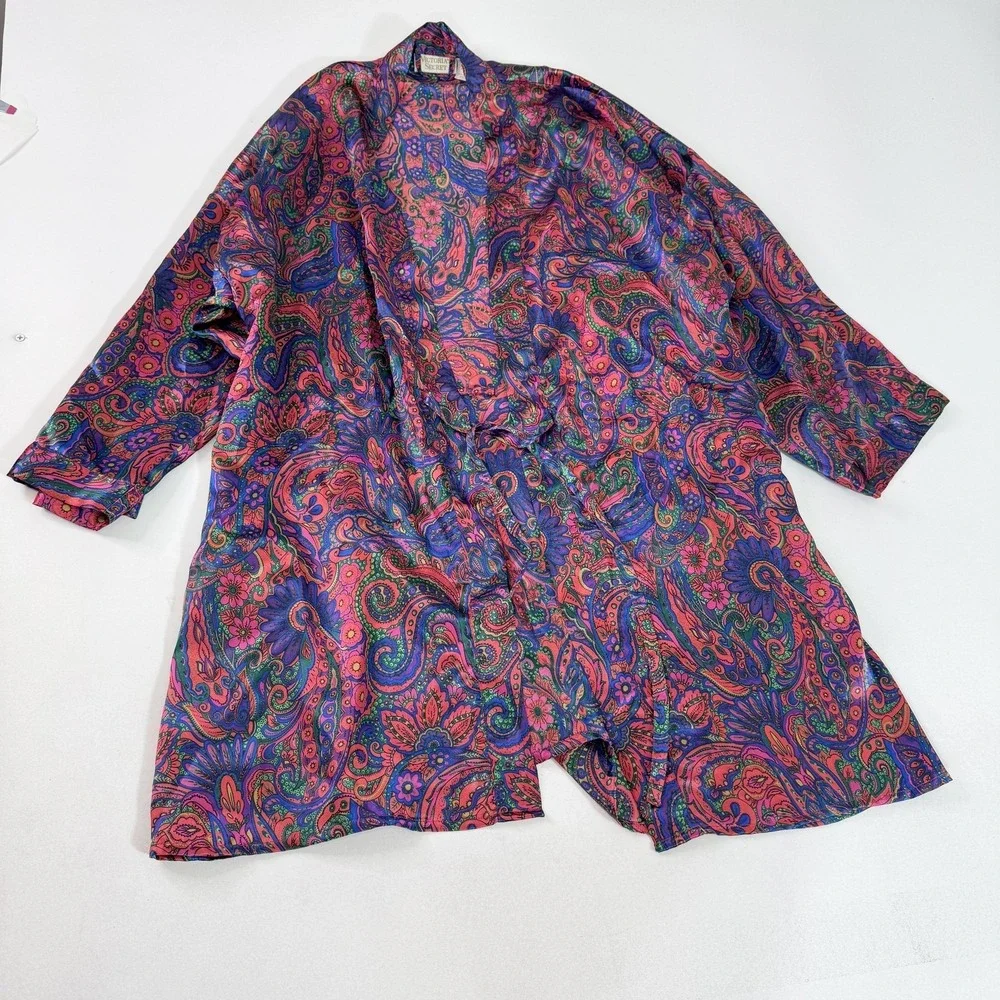 VTG‎ Gold Label Victoria's Secret Robe Womens Small Multicolor Paisley Satin